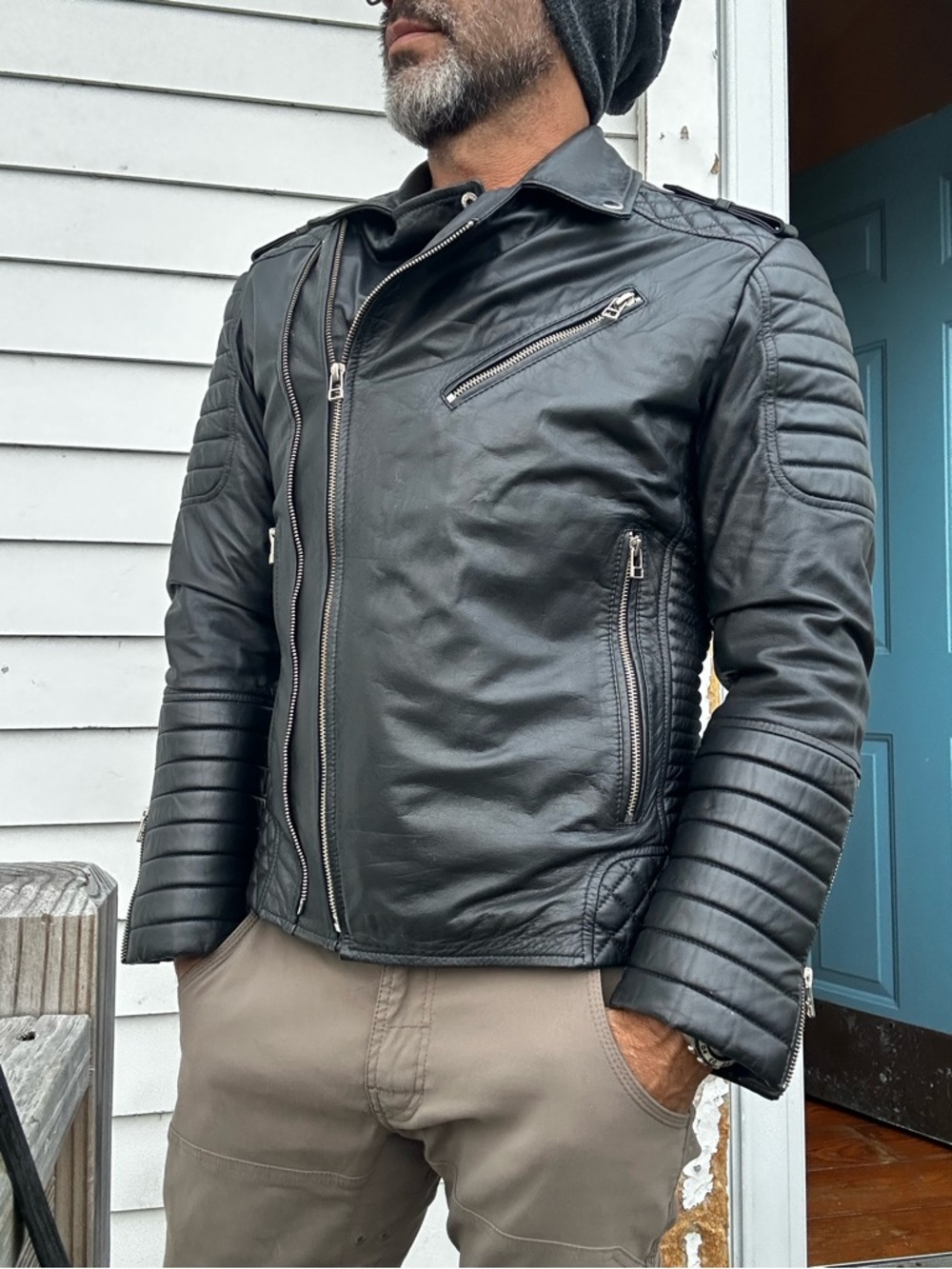 Men's Black Quilted Leather Biker Jacket lamb leather madin Colombia Gently worn